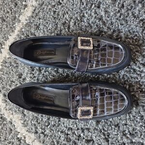 BRIGHTON Adele 8.5N  Blue Black Croc Imprint Patent Buckle Loafers